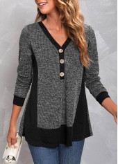 Dark Grey Marl tops,Plain Color tops,ROTITA Decorative Button Dark Grey Marl V Neck T Shirt