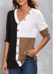 Black tops,Contrast Color tops,ROTITA Decorative Button Black V Neck T Shirt