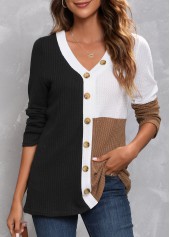 ROTITA Decorative Button Black V Neck T Shirt