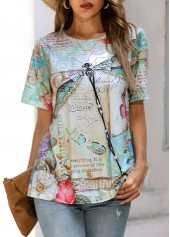 Green tops,Animal Print tops,Dragonfly Print Short Sleeve Green T Shirt