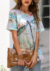 Green tops,Animal Print tops,Dragonfly Print Short Sleeve Green T Shirt