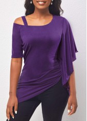 ROTITA Cold Shoulder Asymmetric Hem Violet Blouse