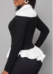 Black tops,Contrast Color tops,ROTITA Faux Two Piece Black Long Sleeve Blouse