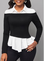 ROTITA Faux Two Piece Black Long Sleeve Blouse