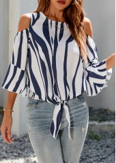 Multi Color tops,Animal Print tops,3/4 Sleeve Tie Front Cold Shoulder T Shirt