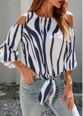 Multi Color tops,Animal Print tops,3/4 Sleeve Tie Front Cold Shoulder T Shirt