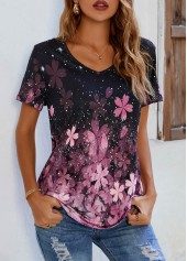 Pink tops,Floral tops,Floral Print V Neck Pink T Shirt