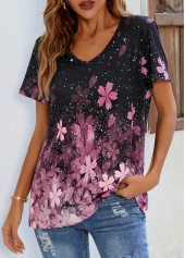 Pink tops,Floral tops,Floral Print V Neck Pink T Shirt