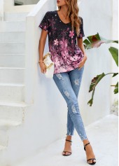 Pink tops,Floral tops,Floral Print V Neck Pink T Shirt