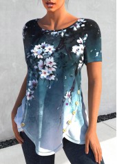 Floral tops,ROTITA Decorative Button Light Blue T Shirt
