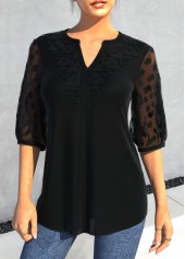ROTITA Lace Patchwork Mesh Stitching Black Blouse