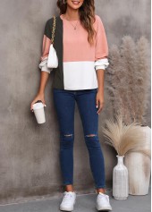 Light Pink tops,Contrast Color tops,Contrast Light Pink Long Sleeve Sweatshirt