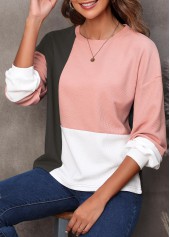 Light Pink tops,Contrast Color tops,Contrast Light Pink Long Sleeve Sweatshirt