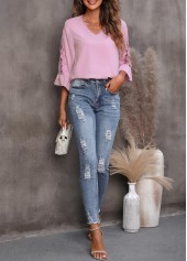 Light Pink tops,Plain Color tops,Lace Stitching Pink Flare Sleeve T Shirt