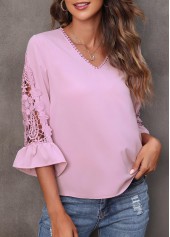 Lace Stitching Pink Flare Sleeve T Shirt