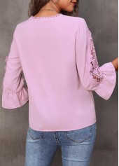Light Pink tops,Plain Color tops,Lace Stitching Pink Flare Sleeve T Shirt