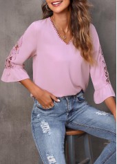 Light Pink tops,Plain Color tops,Lace Stitching Pink Flare Sleeve T Shirt