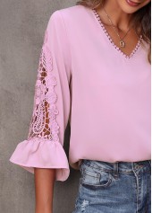 Light Pink tops,Plain Color tops,Lace Stitching Pink Flare Sleeve T Shirt