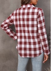 Wine Red tops,Plaid tops,Wine Red Turndown Collar Plaid Blouse