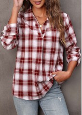 Wine Red tops,Plaid tops,Wine Red Turndown Collar Plaid Blouse