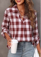 Wine Red tops,Plaid tops,Wine Red Turndown Collar Plaid Blouse