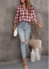 Wine Red tops,Plaid tops,Wine Red Turndown Collar Plaid Blouse