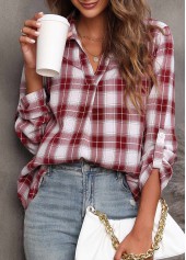 Wine Red tops,Plaid tops,Wine Red Turndown Collar Plaid Blouse