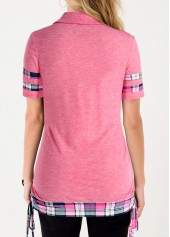 Pink tops,Plaid tops,ROTITA Tie Side Pink Front Cross T Shirt