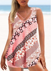 Pink swimwear,Floral swimwear,ROTITA Floral Print Pink Cross Strap Tankini Set
