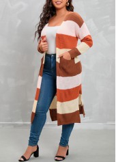 Multi Color plus size,Contrast Color plus size,Plus Size Double Side Pockets Multi Color Cardigan