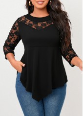 Black tops,Plain Color tops,Asymmetry Black Round Neck 3/4 Sleeve Blouse