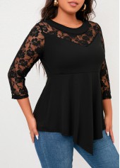 Black tops,Plain Color tops,Asymmetry Black Round Neck 3/4 Sleeve Blouse