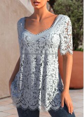 Light Grey tops,Plain Color tops,ROTITA Half Sleeve Lace Light Grey T Shirt