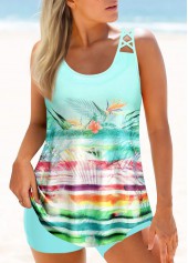ROTITA Tropical Print Light Green Cross Strap Tankini Top-No Bottom
