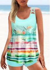 ROTITA Tropical Print Light Green Cross Strap Tankini Top-No Bottom