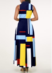 Geometric dresses,Navy Blue Geometric Print Notch Collar Dress