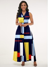 Geometric dresses,Navy Blue Geometric Print Notch Collar Dress