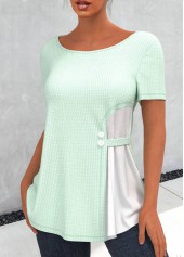 Light Green tops,Plain Color tops,ROTITA Light Green Waffle Knit Chiffon Panel T Shirt