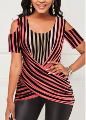 ROTITA Crossover Hem Cold Shoulder Striped T Shirt