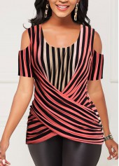 Striped tops,ROTITA Crossover Hem Cold Shoulder Striped T Shirt