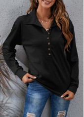 Black tops,Plain Color tops,Button Black Turn Down Collar T Shirt