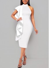 White dresses,Plain Color dresses,ROTITA White Flounce Mock Neck Sheath Dress