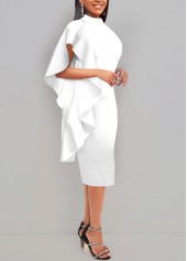 White dresses,Plain Color dresses,ROTITA White Flounce Mock Neck Sheath Dress