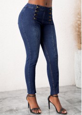 Denim Blue bottoms,Plain Color bottoms,Skinny Mid Waist Denim Blue Jeans