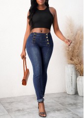 Denim Blue bottoms,Plain Color bottoms,Skinny Mid Waist Denim Blue Jeans