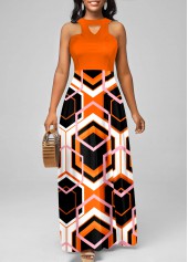 Halter Orange Geometric Print Maxi Dress