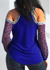 Dark Blue tops,Dot tops,ROTITA Mesh Stitching Cold Shoulder Dark Blue Blouse