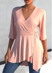 Light Pink tops,Plain Color tops,ROTITA Layered Asymmetric Hem Tie Side Light Pink Blouse