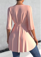 Light Pink tops,Plain Color tops,ROTITA Layered Asymmetric Hem Tie Side Light Pink Blouse