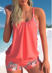 Korallenrotes Blouson-Tankini-Set mit Rotita-Pflanzenmuster